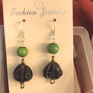 Turquoise Bead & Wire Purple Heart Glass Earrings